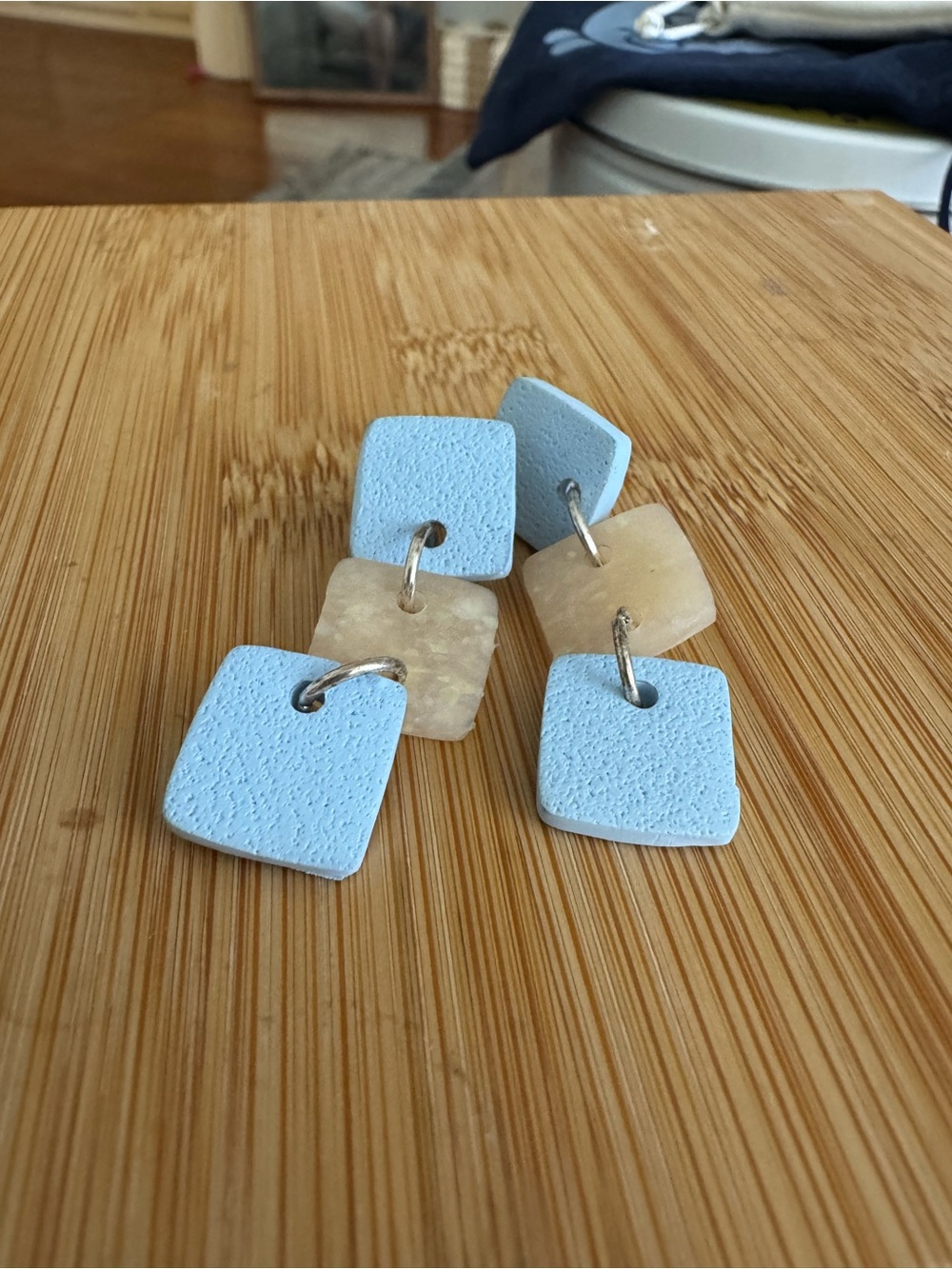 Blue and Cream Square Drop Earrings